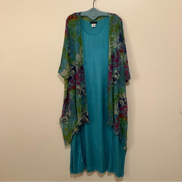Ulla Popken 2 Piece Sheer Floral Duster Teal A-line Tank Rayon Dress 16/18 - Picture 1 of 12